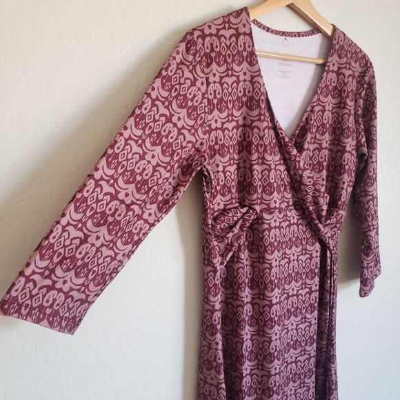 PrAna Twist Faux Wrap Printed V-Neck Dress 3/4 Sleeves Burgundy Sz Large Stretch - Picture 6 of 9